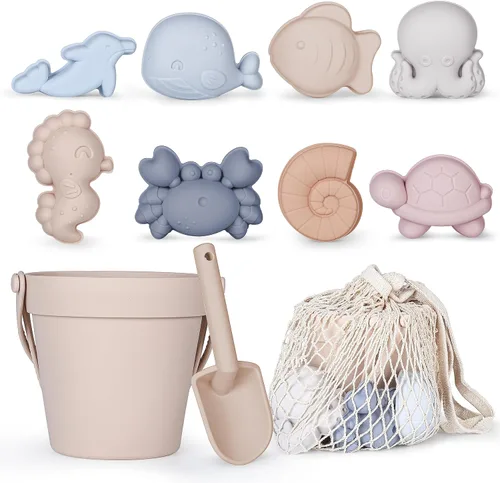 MarcZero 11 juguetes de playa de silicona, modernos juguetes de playa para bebés, juego de playa apto para viajes, cubo de silicona, pala, 8 moldes