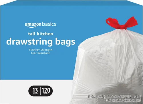 Amazon Basics Flextra - Bolsas de basura altas con cordón para cocina, 13 galones, 120 unidades