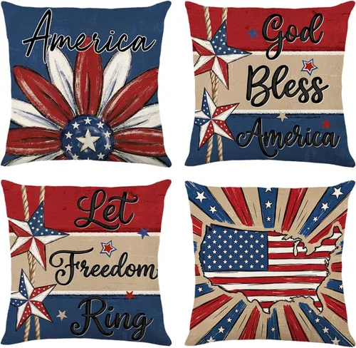 ONFAON 4th of July Freedom Throw Pillow Cover 18x18 Inch,Let Freedom Ring Stars Red White Flower Patriotic Independence Memorial Day USA Flag