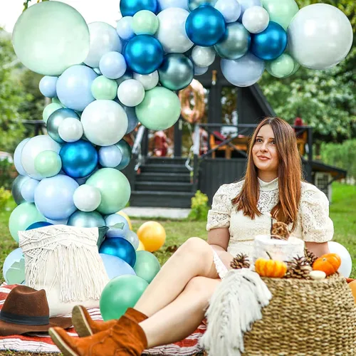 Miniatura 6 de Kit de guirnalda de globos de 125 piezas azul verde macarrón y globos azul metálico plateado para decoración de fiestas de cumpleaños, jubilación