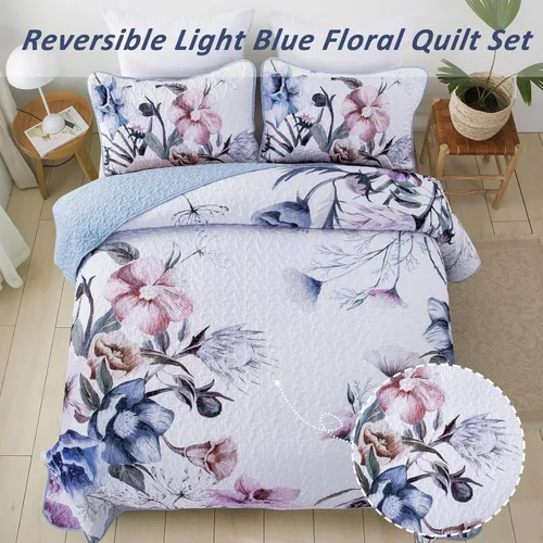 Miniatura 4 de Juego de edredón floral tamaño King de 3 piezas de color azul claro, juego de edredón floral de microfibra suave, ligero, color azul claro, colcha