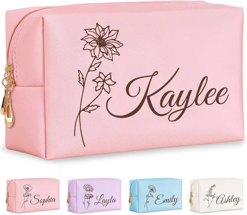 Miniatura 14 de Bolsa de maquillaje personalizada con nombre y flor de nacimiento, bolsas de cosméticos de cuero personalizadas para mujeres, bolsa de aseo de viaje