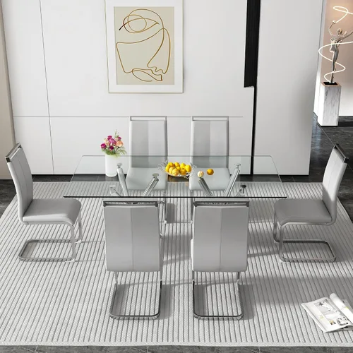 Miniatura 2 de Juego de 6 mesas de comedor de cristal, moderno juego de mesa de comedor de vidrio templado rectangular transparente de 71 pulgadas y 6 sillas