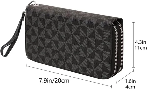 Miniatura 3 de Veki Billetera para mujer con doble cremallera y correa para la muñeca, monedero de cuero para tarjetas de crédito para mujeres y hombres, Negro A