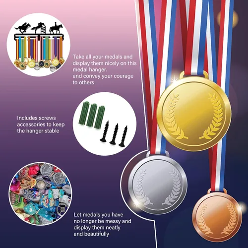 Miniatura 5 de SUPERDANT Soporte para medallas Believe and Achieve, ganchos de hierro negro para más de 60 medallas, estante de competición deportiva para colgar