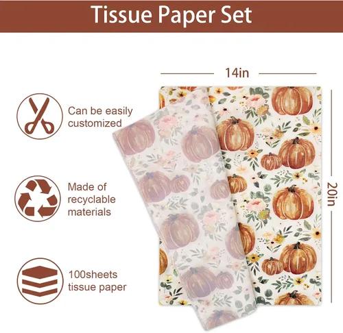 Miniatura 2 de Whaline 100 piezas de papel de seda de otoño con estampado floral de calabaza, papel de regalo de flores vintage para cosecha de otoño, Acción