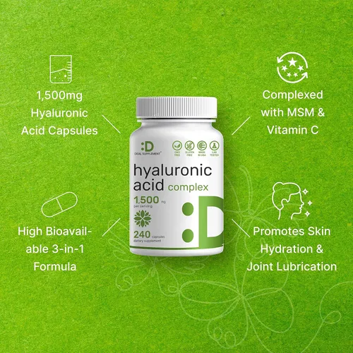 Miniatura 4 de DEAL SUPPLEMENT Complejo de ácido hialurónico 1,500 mg - 240 cápsulas, con MSM y vitamina C