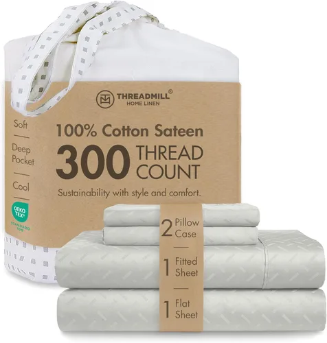 Miniatura 40 de Threadmill Sábanas 100% Algodón para Cama Tamaño King Juego de Sábanas de 4 Piezas para Cama King Suave, Transpirable y Ligero Satén de Damasco