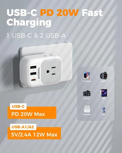 Miniatura 4 de Adaptador de enchufe de viaje para Italia, paquete de 2, adaptador de corriente TESSAN Italia con 4 tomacorrientes, 3 cargadores USB