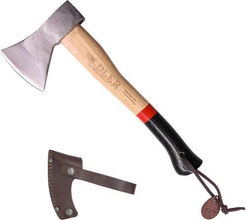 Adler Rheinland - Hacha de camping con funda de cuero, forjado alemán, mango de nogal de 14 pulgadas, hacha compacta para senderismo, bushcraft,