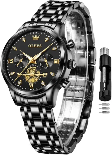 Miniatura 16 de OLEVS Reloj multifuncional de dos tonos para mujer, reloj analógico de cuarzo para mujer, de acero inoxidable, resistente al agua, con diamantes