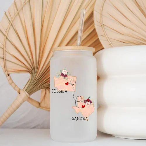 Miniatura 2 de Vasos de beber personalizados para mejor amigo con tapa de bambú y popote de cristal, con texto en inglés "I Wish You Lived Next Door", con nombre
