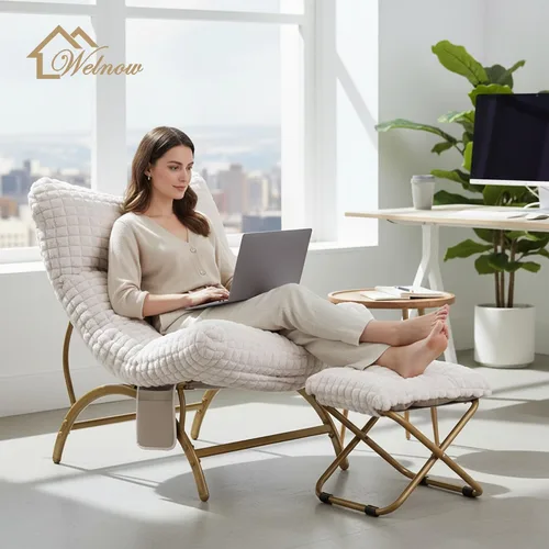Miniatura 2 de Welnow Silla perezosa beige con otomana, silla de lectura de gran tamaño para adultos, silla de descanso acolchada suave para sala de estar