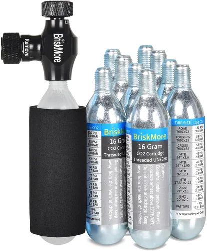 Miniatura 7 de Kits de Inflador CO2 BriskMore con Cartuchos de CO2 de 9X16g o 5 X 16g, Compatible con Válvulas Presta y Schrader, Bomba de CO2 para Neumáticos