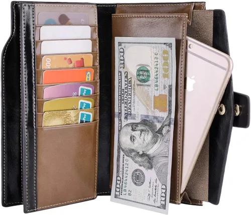 Miniatura 20 de Itslife - Cartera de piel sintética encerada para mujer con bloqueo de identificación de radio frecuencia (RFID), de gran capacidad, encerada