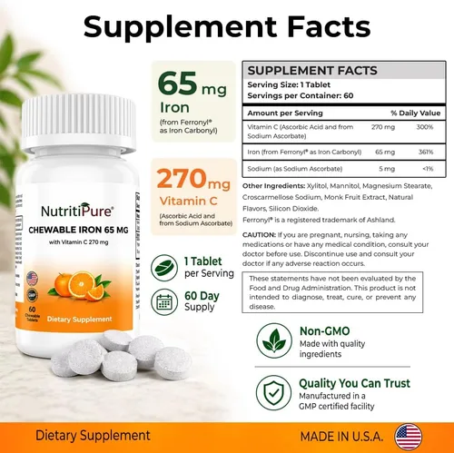 Miniatura 7 de Hierro carbonílico masticable de 65 mg con 270 mg de vitamina C – Tableta Bariátrica (no gomosa), sabor a naranja sin azúcar – Suplemento de hierro