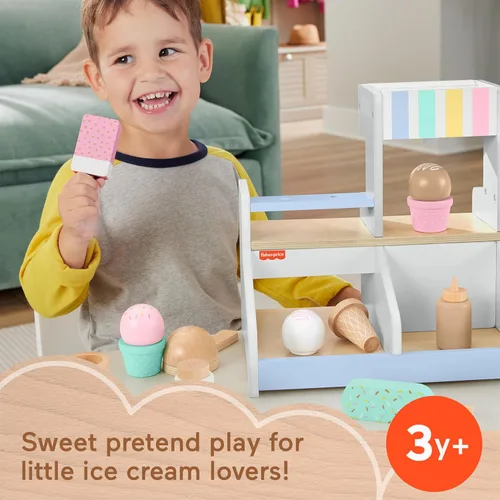 Miniatura 2 de Fisher-Price Juego de simulación de tienda de helados de madera, juego de alimentos de madera de 18 piezas para niños preescolares de 3+ años