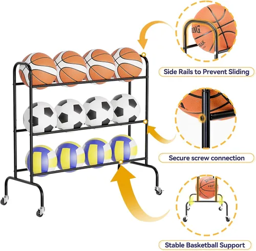 Miniatura 5 de Basketball Rack, Rolling Sport Equipment Holder Ball Storage Cart for Basketball, Football and Soccer, Suitable for Indoor and Outdoor, Black