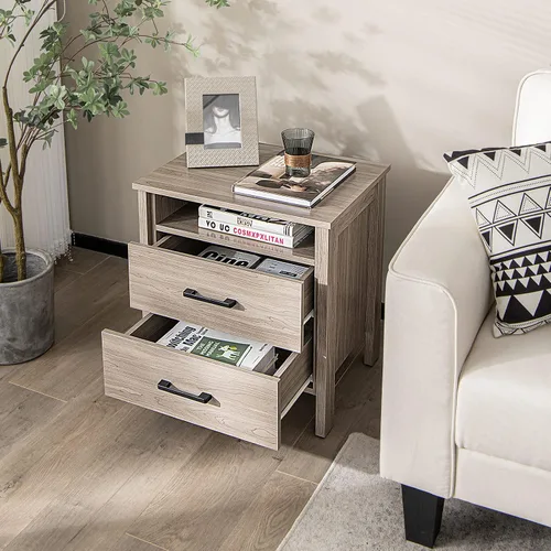 Miniatura 2 de Giantex Mesita de noche con 2 cajones, mesa auxiliar de madera con estante de almacenamiento abierto y agujero para cable, mesita de noche