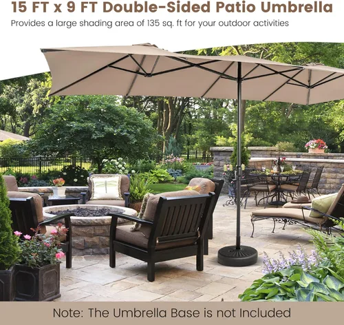 Miniatura 9 de Tangkula Sombrilla de patio de doble cara de 15 pies con manivela, parte superior ventilada, sombrilla rectangular grande para exteriores con Café