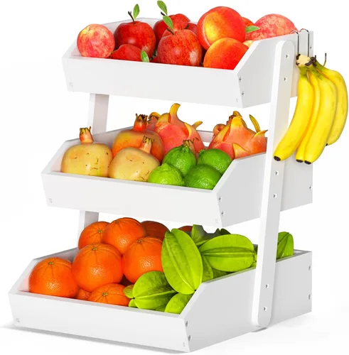 Miniatura 12 de Gmtsl Cesta de frutas de bambú para cocina, frutero de 2 niveles para encimera de cocina, soporte grande para frutas con 2 ganchos para plátanos