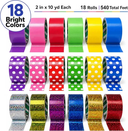 Miniatura 2 de GiftExpress 18 cintas adhesivas de colores surtidos, cintas holográficas de lunares – Cintas de colores brillantes multiusos para días festivos