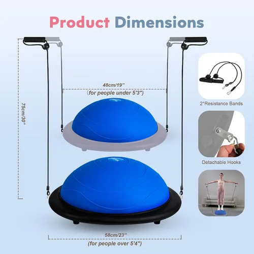 Miniatura 6 de kisnbld Entrenador de media pelota de equilibrio, pelota de ejercicio inflable de 19/23 pulgadas con bandas de resistencia y pelota de pilates