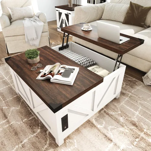 Jimeimmen - Mesa de centro elevada de granja con almacenamiento, mesa cuadrada de centro de madera con estación de carga y puerto USB, mesa de sala