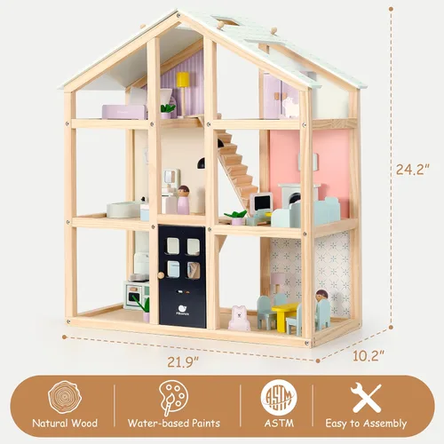 Miniatura 5 de Pillowhale Casa de muñecas de madera, casa de muñecas de 6 habitaciones con juego de muebles de 38 piezas, casa de juegos moderna de bricolaje, casa