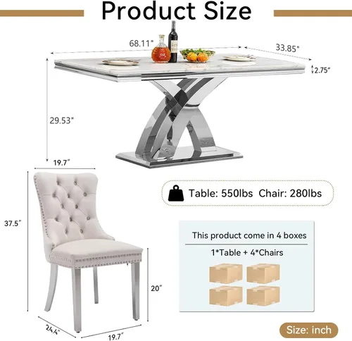 Miniatura 3 de Juego de mesa de comedor de mármol sintético blanco plateado de 68 pulgadas para 4, juego de mesa rectangular de 5 piezas con patas de acero Mesa