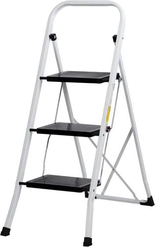 ZENY Taburete plegable de escalera de 3 escalones con pedal antideslizante ancho, mango conveniente, taburete de acero portátil, escalera de acero