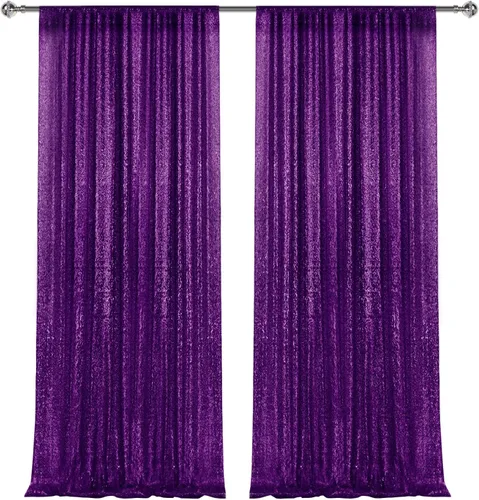 2 paneles de cortinas de fondo de lentejuelas moradas de 8 pies, fondo de tela con purpurina para decoración de Navidad, boda, fiesta Púrpura