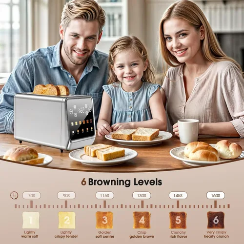 Miniatura 5 de Tostadora de pantalla táctil de 2 rebanadas, tostadoras digitales inteligentes de acero inoxidable con tostada de una sola ranura, función