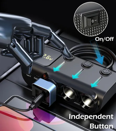 Miniatura 4 de LIHAN Divisor de encendedor de cigarrillos para automóvil, adaptador de 3 enchufes de 8 en 1,120 W y 5 USB con interruptor de alimentación maestro