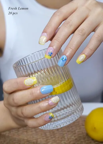 Miniatura 5 de AutyaMee Tiras de uñas de gel semicuradas (limón fresco), 20 unidades de envolturas de uñas de gel, calcomanías, calidad de salón, arándano, verano