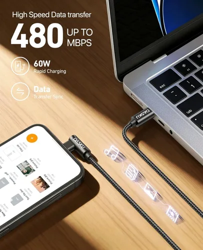 Miniatura 5 de Cable USB C a USB C de 90 grados, paquete de 2 cables de carga de 6 pies y 60 W, para iPhone 17 Pro Max, trenzado de ángulo recto largo tipo C, Negro