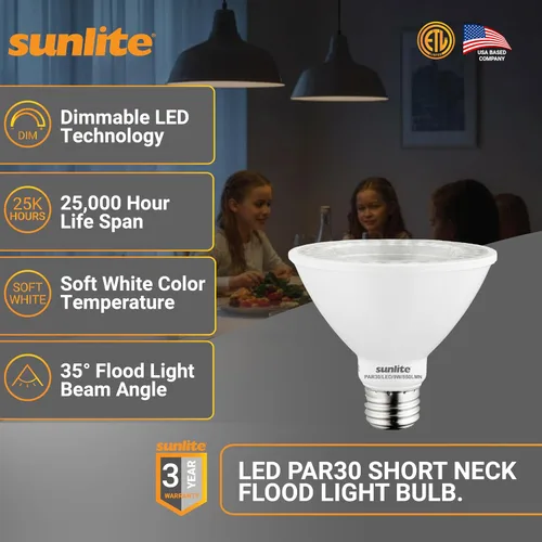 Miniatura 2 de Sunlite 40979-SU - Bombilla LED PAR30 de cuello corto, 9 vatios, (equivalente a 75 W), 750 lúmenes, base de tornillo medio (E26), regulable, Blanco