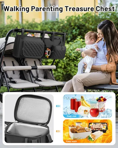 Miniatura 5 de kcross Bolsa organizadora de cochecito doble para Bob Duallie y Baby Jogger City Mini Gt2, organizador de cochecito doble con soporte para tazas