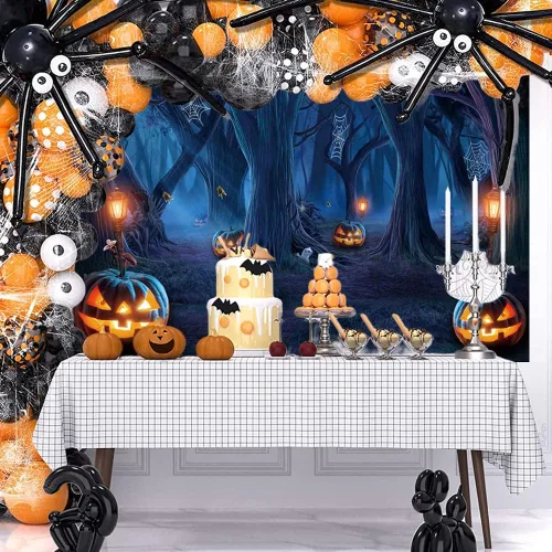 Miniatura 2 de Renaiss Telón de fondo de Halloween con telaraña, árboles, lámpara de calabaza, bosque sombrío, fotografía, fondo espeluznante, luz de luna