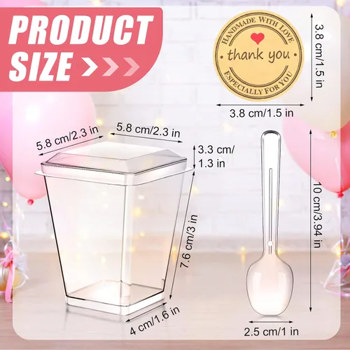 Miniatura 3 de Sieral Paquete de 100 tazas de plástico de postre de 5 onzas con tapas, cucharas, calcomanías, mini vasos transparentes de yogur para aperitivos