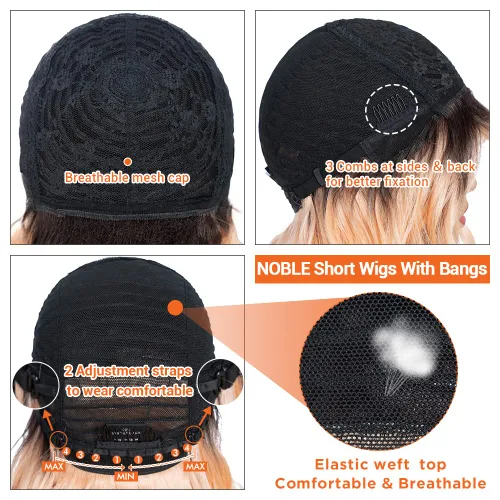 Miniatura 6 de NOBLE Peluca Rosa Naranja para Mujeres Peluca Durazno con Flequillo Pelucas Bob Rizadas Ombré con Flequillo de Aire Pelucas Sintéticas Cortas
