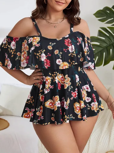 Miniatura 5 de SOLY HUX Traje de baño tankini de 2 piezas para mujer, talla grande, estampado floral, hombros descubiertos, ribete de volantes, traje de baño, Azul