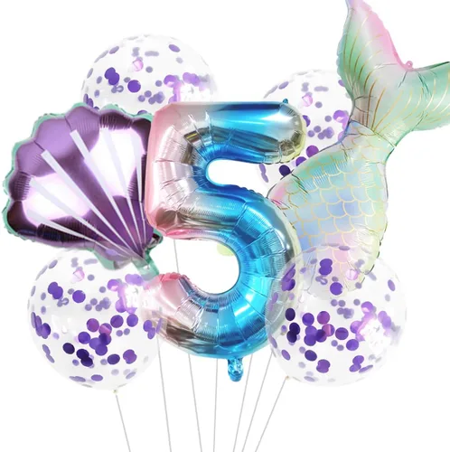 Miniatura 9 de 7 globos de sirena con números para fiesta de cumpleaños de 1, 2, 3, suministros de decoración de cola de sirena para niñas (número 0)