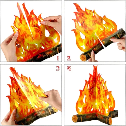 Miniatura 2 de Boao Juego de 6 decoraciones de llama falsa de fuego falso, decoración de campamento de cartón 3D, llamas artificiales, decoraciones de fuego