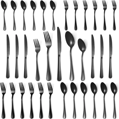 Miniatura 9 de Juego de cubiertos negros de 20 piezas para 4, juego de cubiertos de acero inoxidable de grado alimenticio, incluye tenedor/cuchillo/cuchara, juego