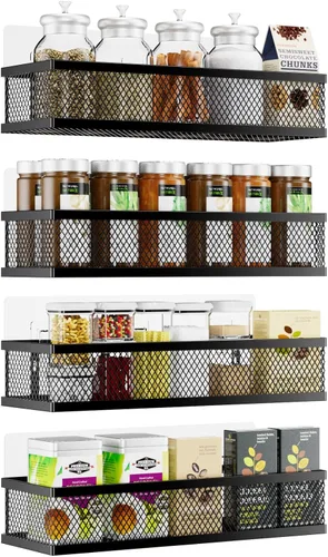 Soporte de pared para especias, paquete de 4 organizadores de puerta de despensa y cestas de almacenamiento colgantes para montaje en pared, estante