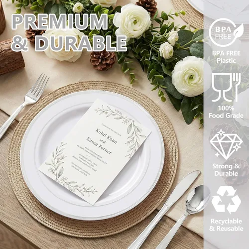 Miniatura 3 de GATHER 350 platos de plástico plateado, platos desechables blancos y plateados para 50 invitados, incluye 100 platos, 50 servilletas, 150 cubiertos