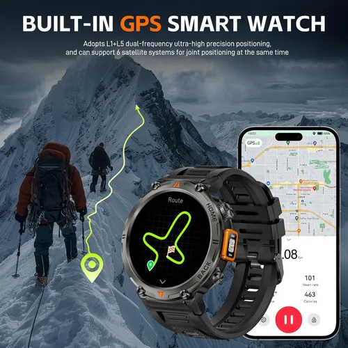 Miniatura 2 de Foxhawk Reloj inteligente militar para hombre, 1.45 pulgadas, resistente GPS, reloj inteligente táctico con brújula linterna LED, reloj de fitness