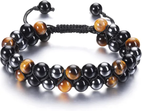 Jovivi Pulsera de piedra de cristal de ojo de tigre de obsidiana negra de 0.315in0.394in para hombre, pulsera de piedra de lava con cuentas de roca