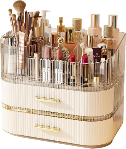 Miniatura 7 de Organizador de maquillaje con soporte para brochas giratorio de 360° y cajones apilables, estuche de exhibición de cosméticos para tocador, encimera